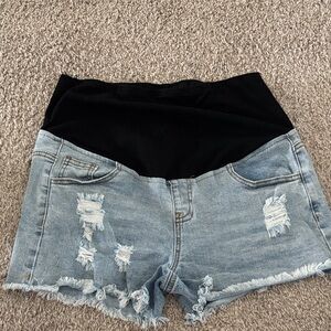Maternity Distressed Denim Shorts with Black Waist Panel